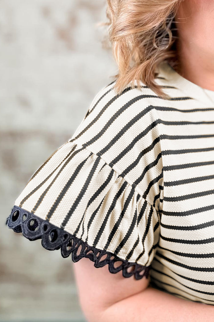 Black Stripe Eyelet Trimmed Ruffled Short Sleeve Plus Size Top 🇺🇸