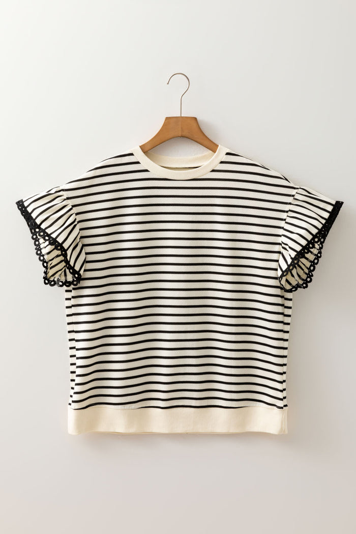 Black Stripe Eyelet Trimmed Ruffled Short Sleeve Plus Size Top 🇺🇸