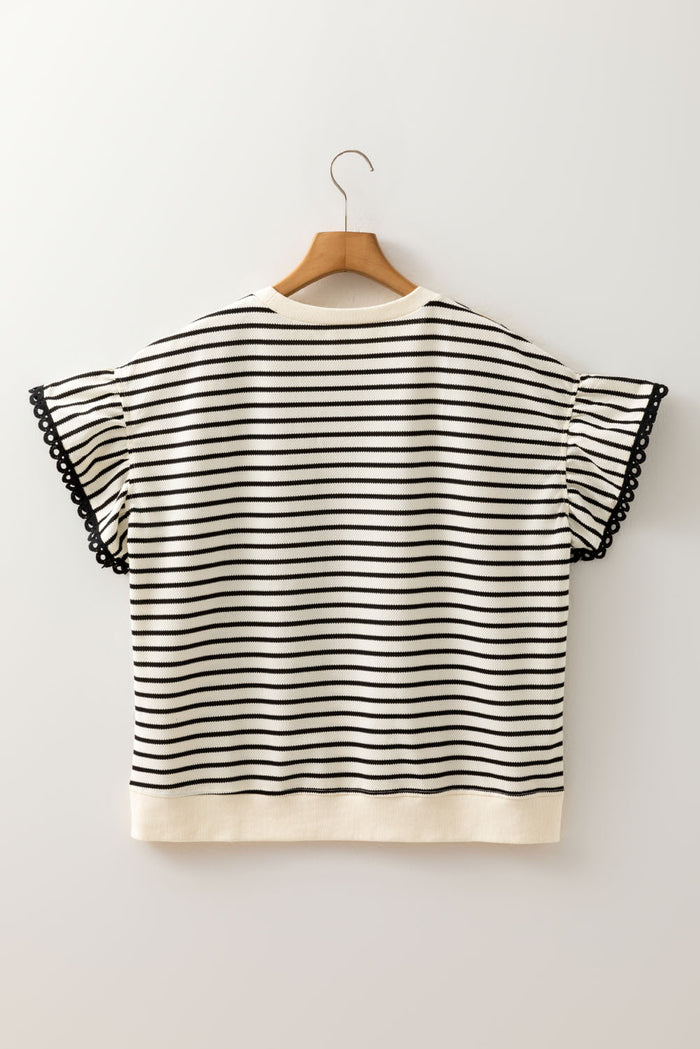 Black Stripe Eyelet Trimmed Ruffled Short Sleeve Plus Size Top 🇺🇸