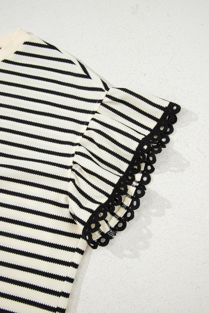 Black Stripe Eyelet Trimmed Ruffled Short Sleeve Plus Size Top 🇺🇸