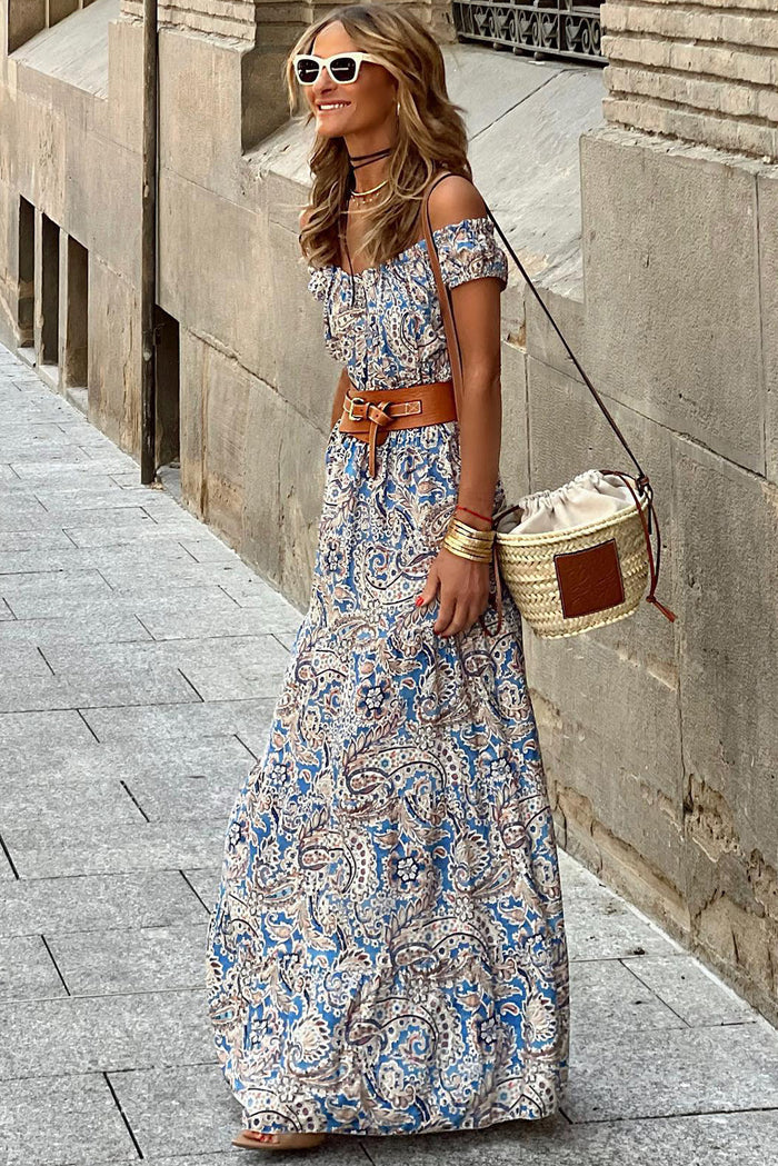 Blue Boho Paisley Print Off Shoulder Maxi Dress 🇺🇸