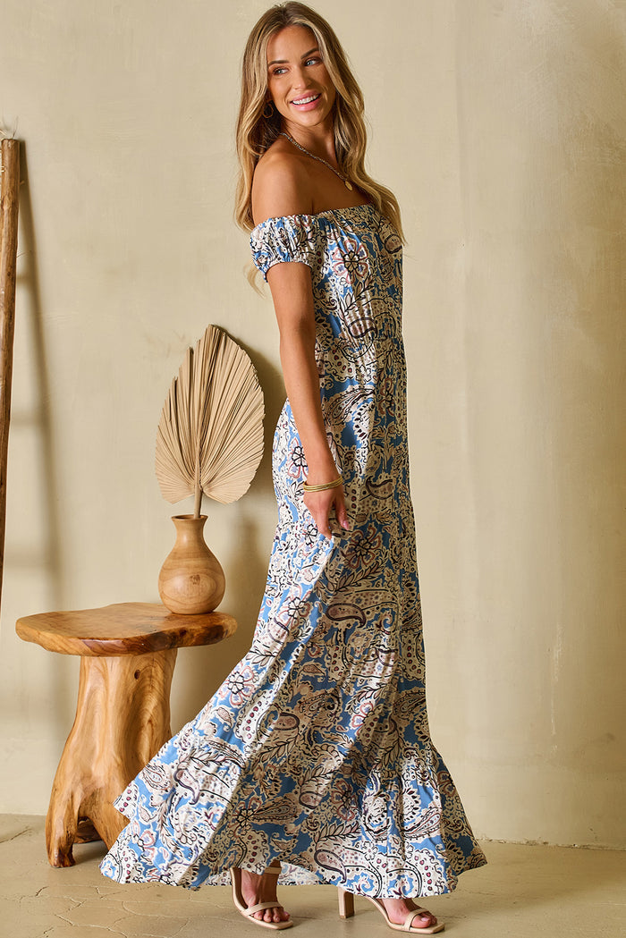 Blue Boho Paisley Print Off Shoulder Maxi Dress 🇺🇸