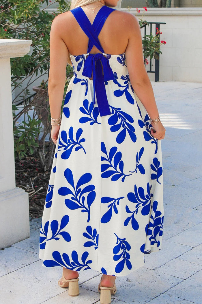 Blue Floral Print Crisscross Tie Back Sleeveless Long Dress 🇺🇸