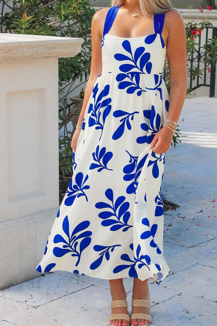 Blue Floral Print Crisscross Tie Back Sleeveless Long Dress 🇺🇸