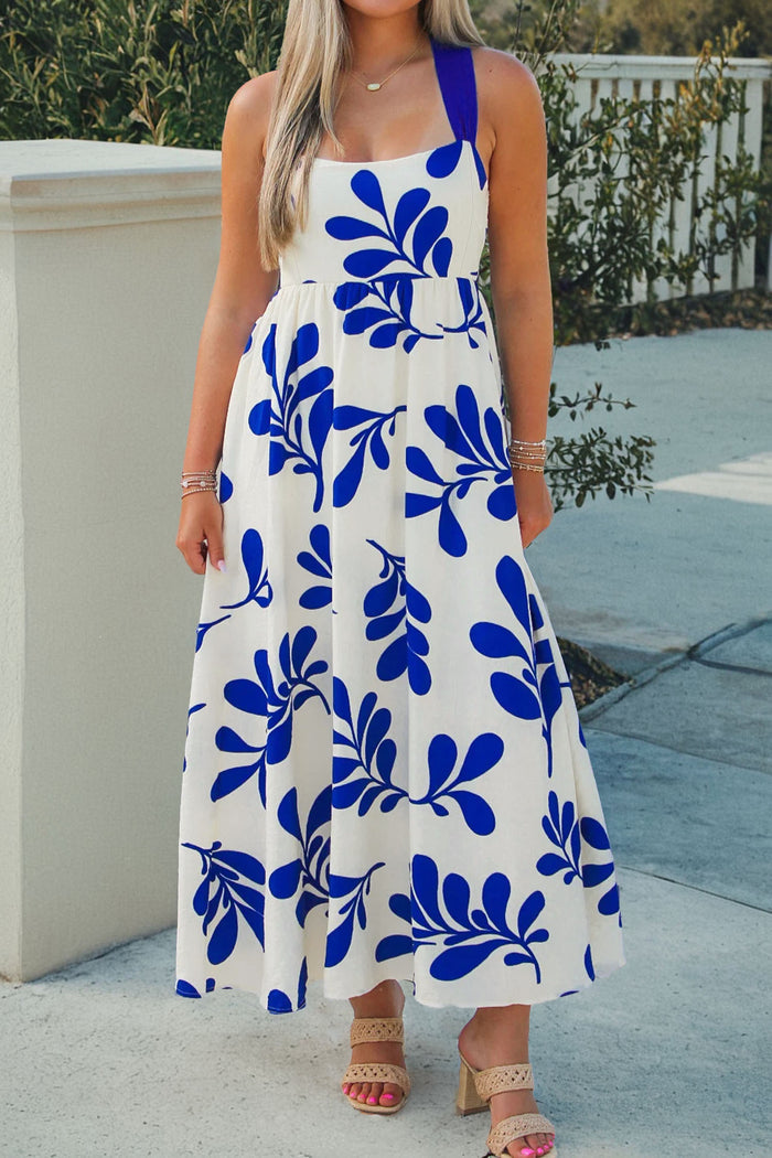 Blue Floral Print Crisscross Tie Back Sleeveless Long Dress 🇺🇸