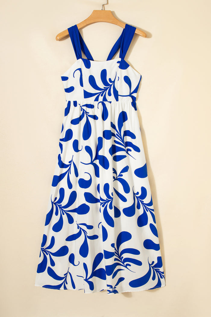 Blue Floral Print Crisscross Tie Back Sleeveless Long Dress 🇺🇸
