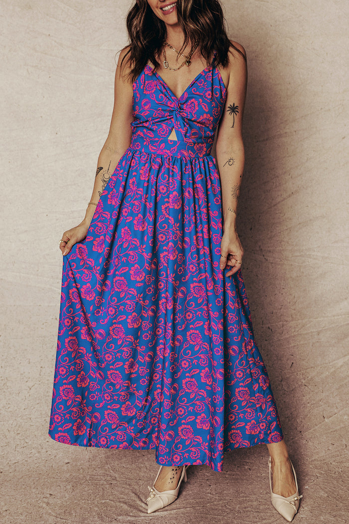 Blue Floral Print Twisted V Neck Tied Backless Maxi Dress 🇺🇸