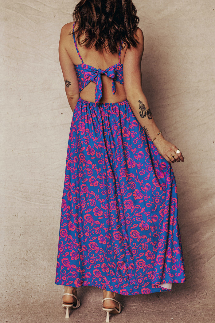 Blue Floral Print Twisted V Neck Tied Backless Maxi Dress 🇺🇸