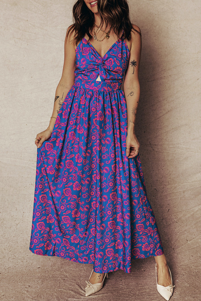 Blue Floral Print Twisted V Neck Tied Backless Maxi Dress 🇺🇸