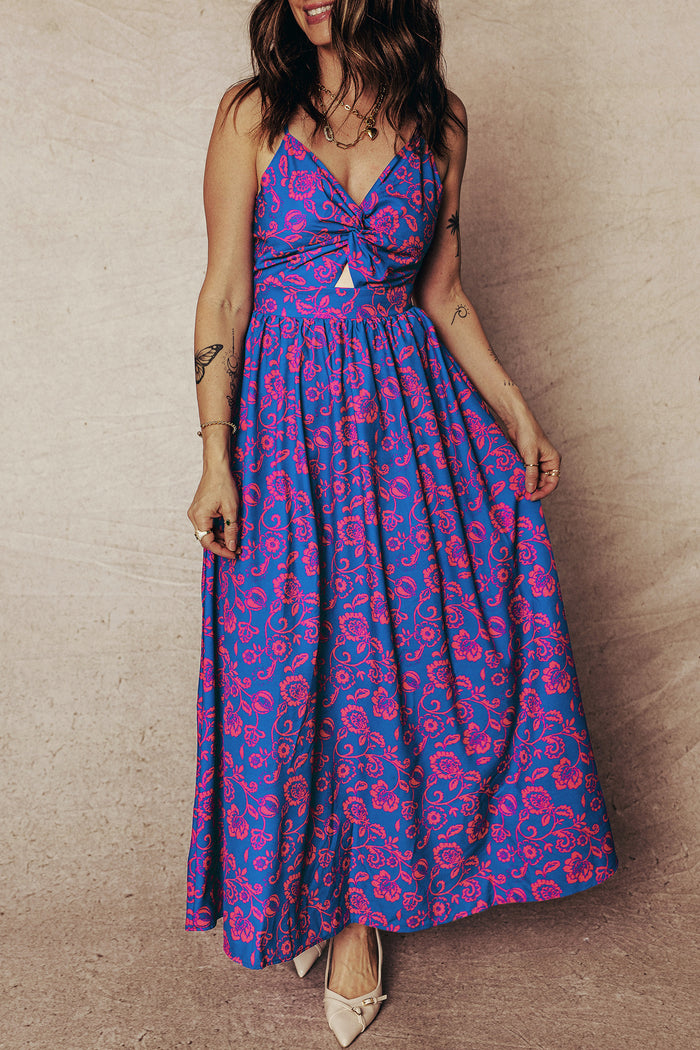 Blue Floral Print Twisted V Neck Tied Backless Maxi Dress 🇺🇸