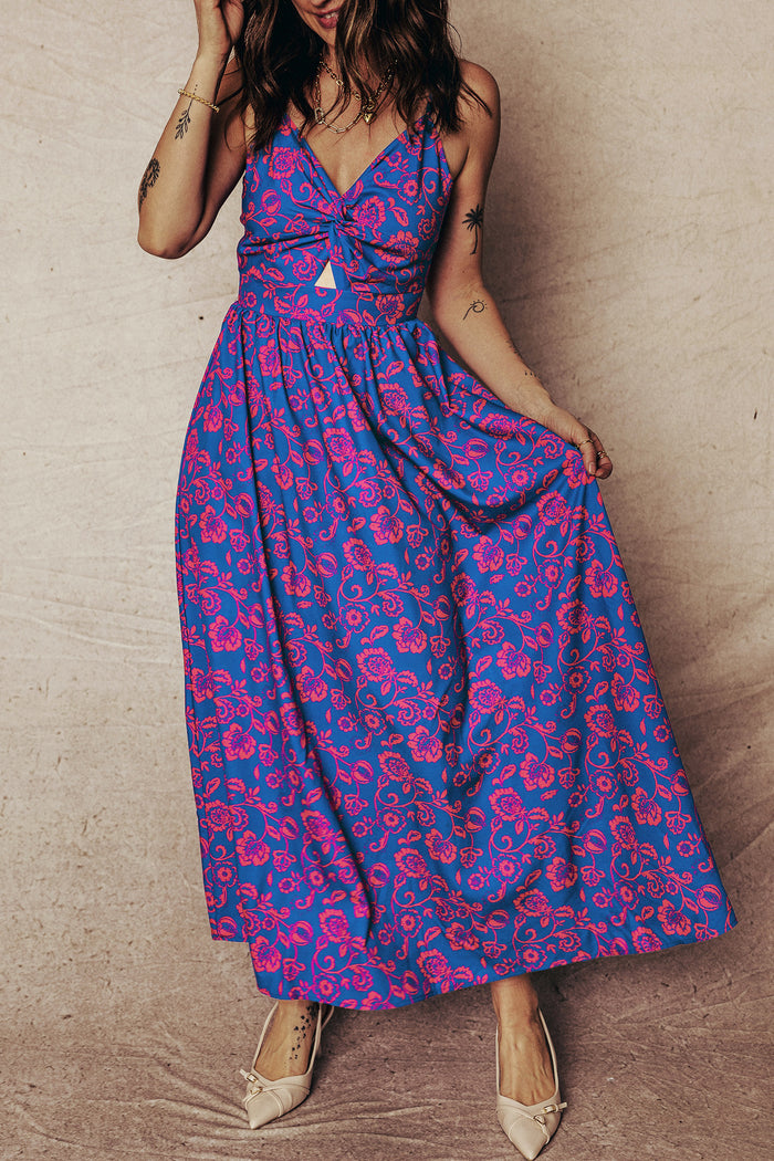 Blue Floral Print Twisted V Neck Tied Backless Maxi Dress 🇺🇸