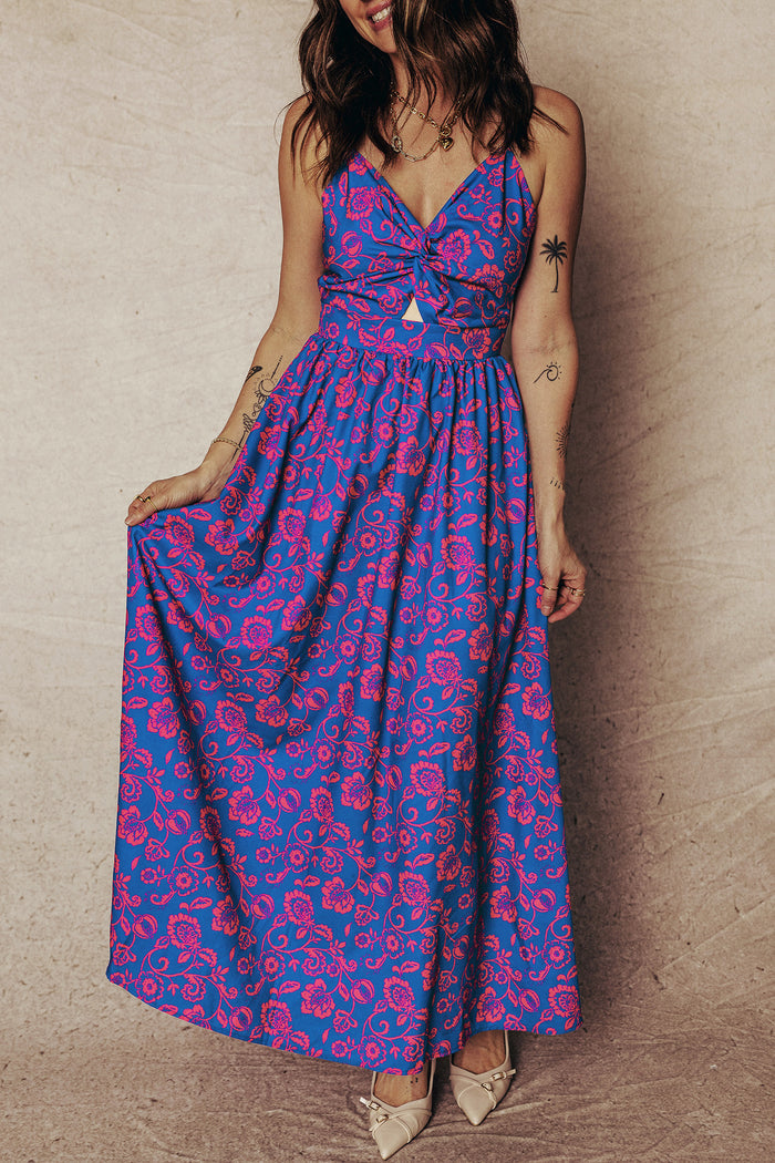 Blue Floral Print Twisted V Neck Tied Backless Maxi Dress 🇺🇸