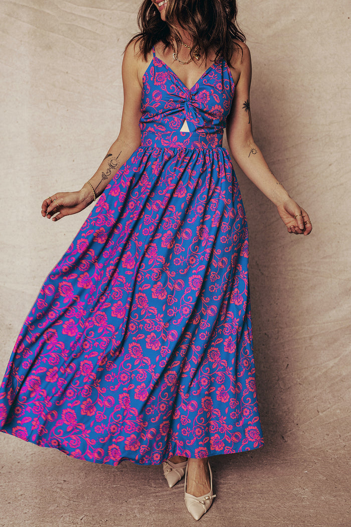 Blue Floral Print Twisted V Neck Tied Backless Maxi Dress 🇺🇸