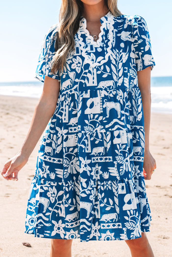 Blue Ricrac Trim Split Neck Floral Loose Dress 🇺🇸
