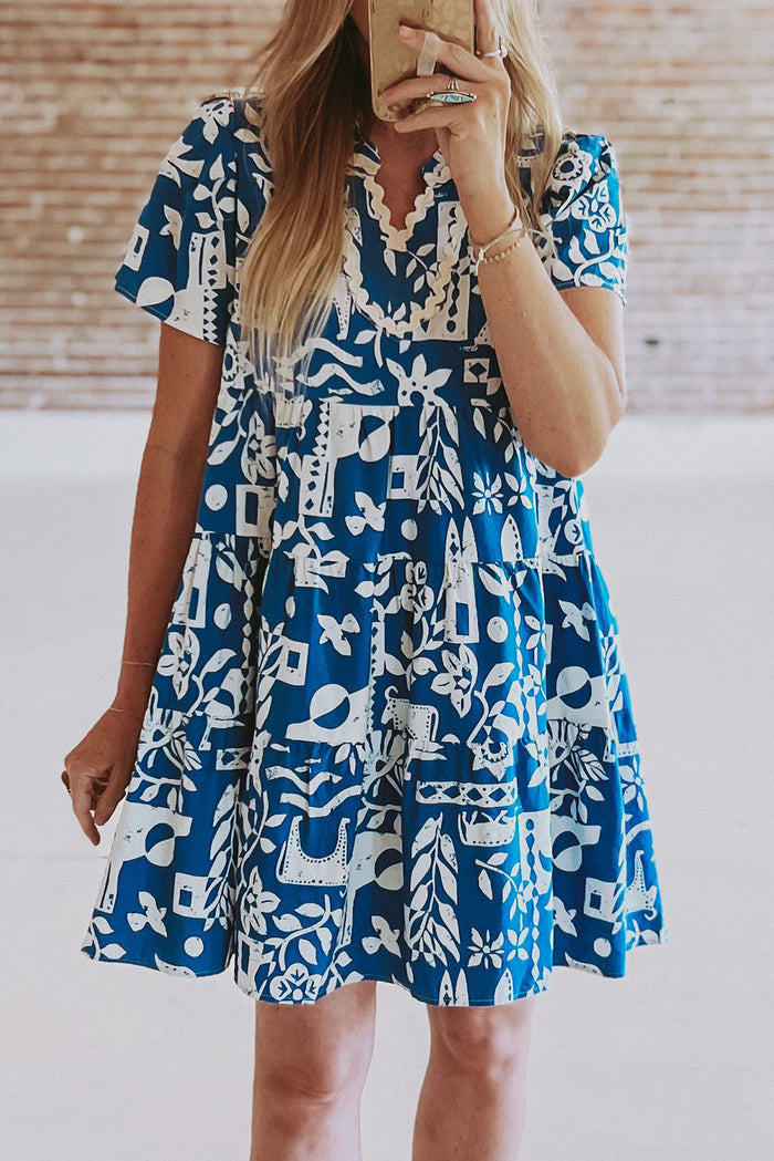 Blue Ricrac Trim Split Neck Floral Loose Dress 🇺🇸