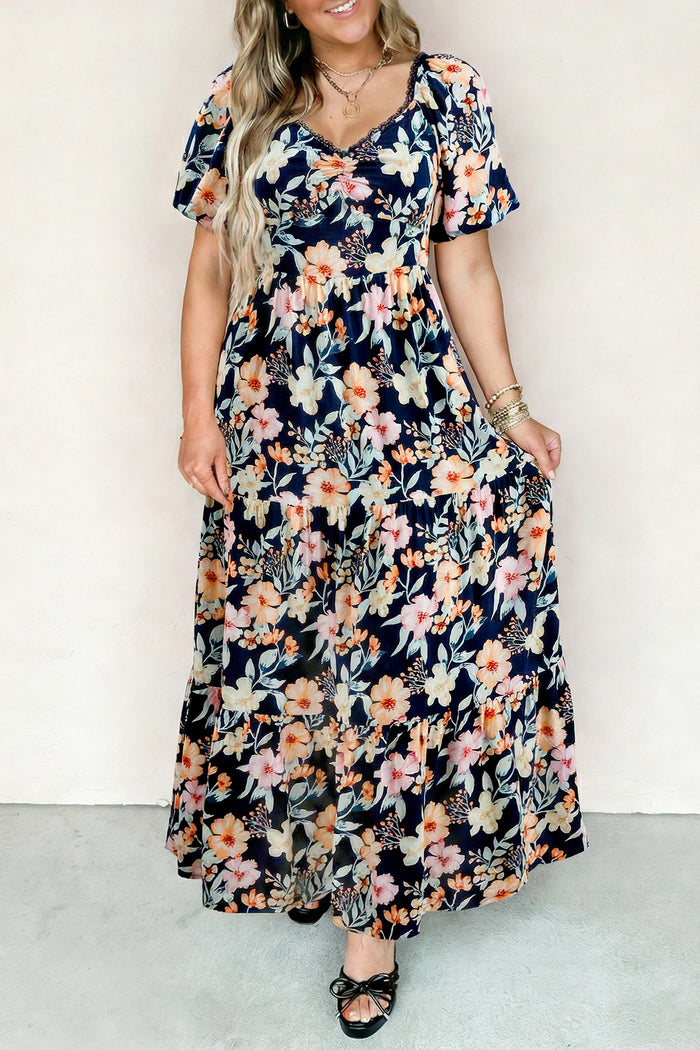 Blue Short Sleeve Smocked Detail High Waist Floral Maxi Dress 🇺🇸