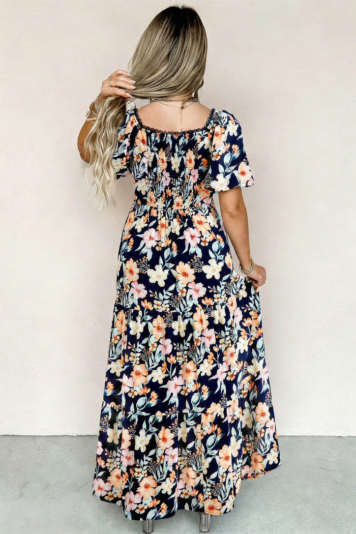 Blue Short Sleeve Smocked Detail High Waist Floral Maxi Dress 🇺🇸