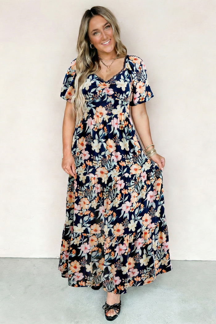 Blue Short Sleeve Smocked Detail High Waist Floral Maxi Dress 🇺🇸