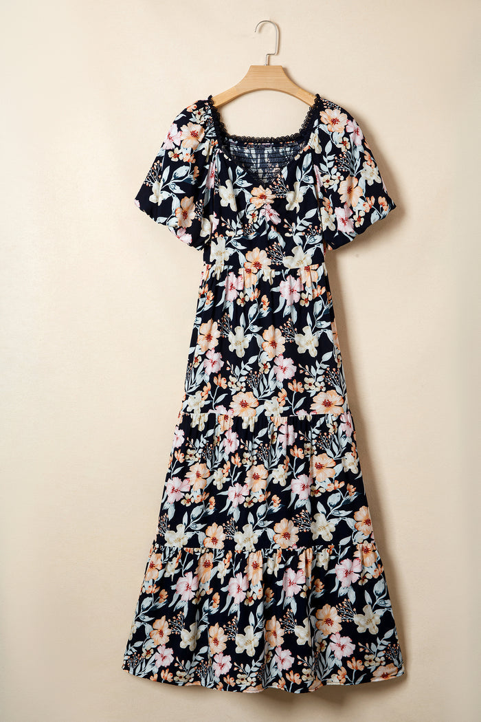 Blue Short Sleeve Smocked Detail High Waist Floral Maxi Dress 🇺🇸