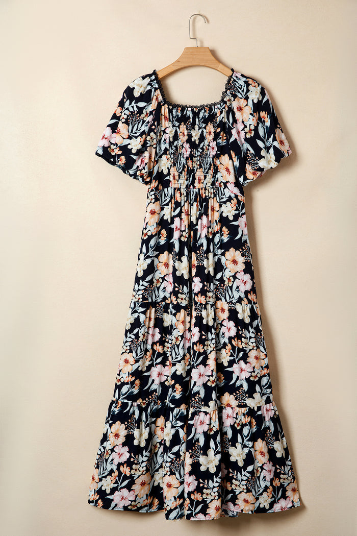 Blue Short Sleeve Smocked Detail High Waist Floral Maxi Dress 🇺🇸