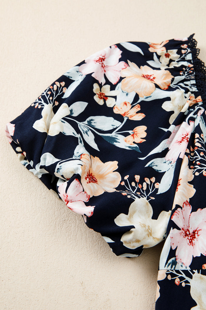 Blue Short Sleeve Smocked Detail High Waist Floral Maxi Dress 🇺🇸
