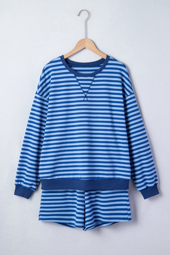 Blue Stripe Drop Shoulder Long Sleeve Pullover Elastic Waist Casual Short Set 🇺🇸