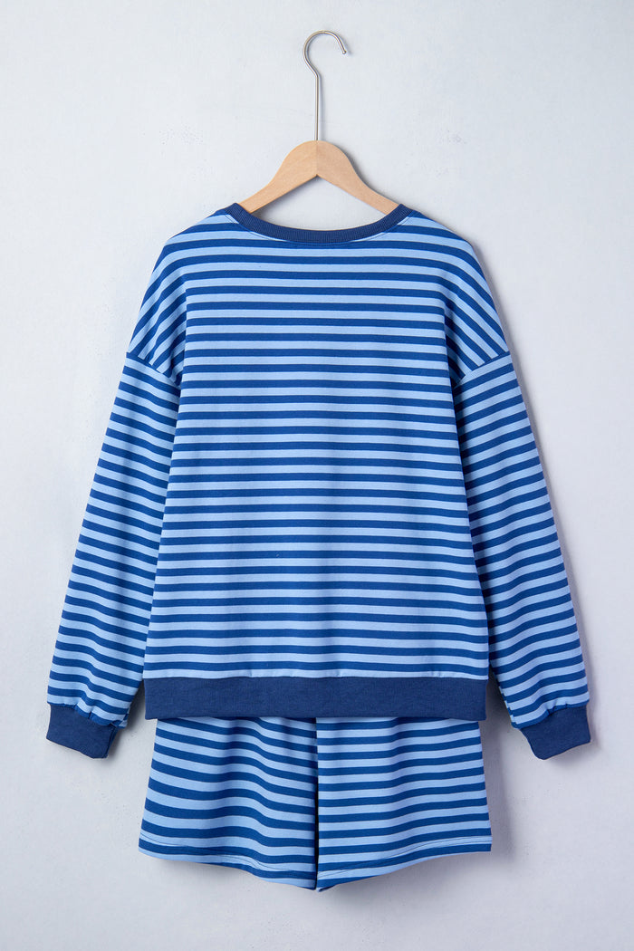 Blue Stripe Drop Shoulder Long Sleeve Pullover Elastic Waist Casual Short Set 🇺🇸