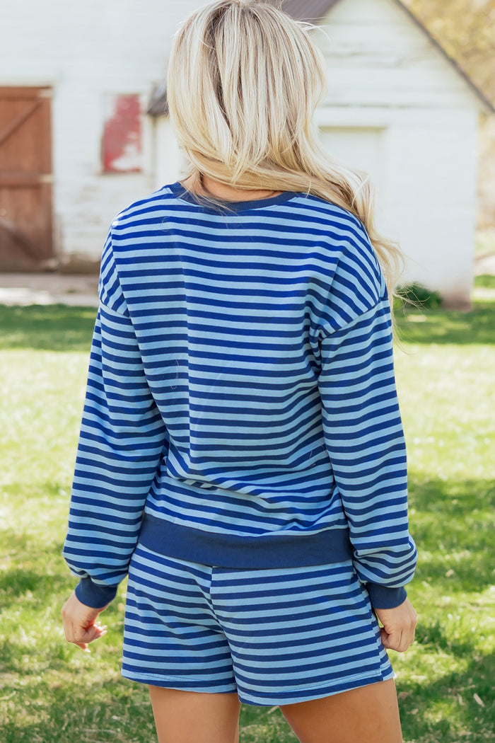 Blue Stripe Drop Shoulder Long Sleeve Pullover Elastic Waist Casual Short Set 🇺🇸