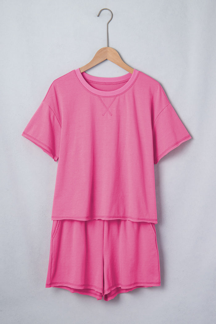 Bright Pink Seam Detail Raw Edge Tee Rainbow Waistband Casual Short Set 🇺🇸