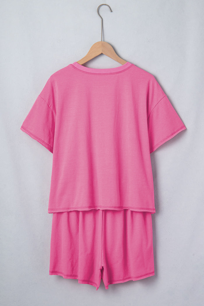 Bright Pink Seam Detail Raw Edge Tee Rainbow Waistband Casual Short Set 🇺🇸