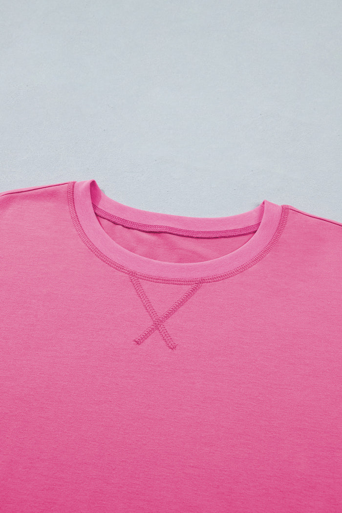 Bright Pink Seam Detail Raw Edge Tee Rainbow Waistband Casual Short Set 🇺🇸