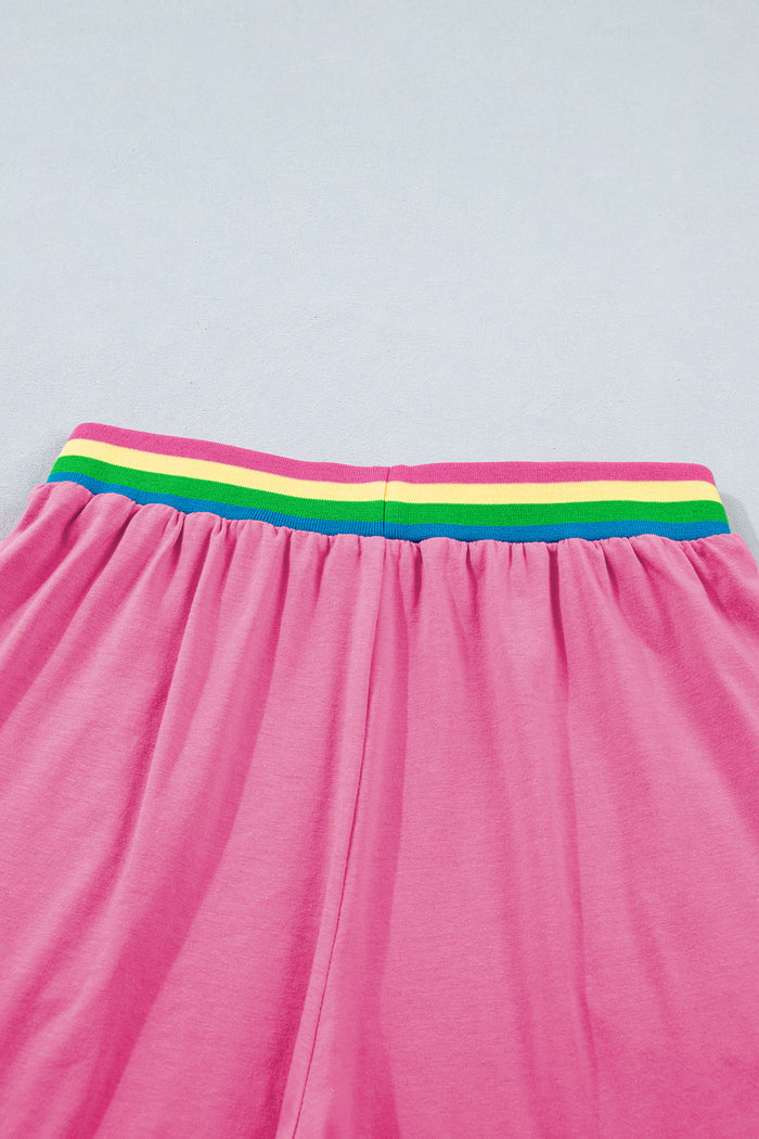 Bright Pink Seam Detail Raw Edge Tee Rainbow Waistband Casual Short Set 🇺🇸