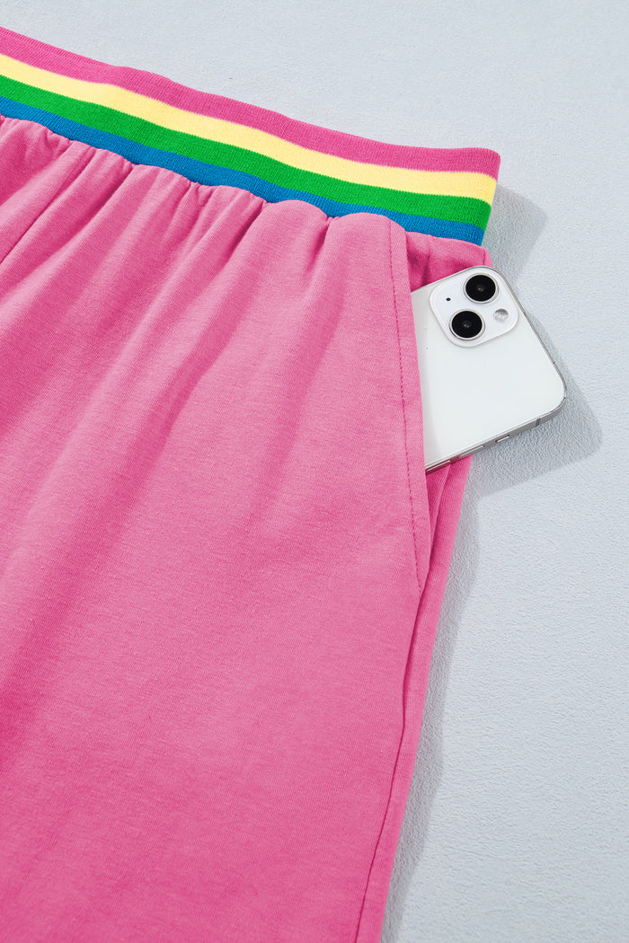 Bright Pink Seam Detail Raw Edge Tee Rainbow Waistband Casual Short Set 🇺🇸