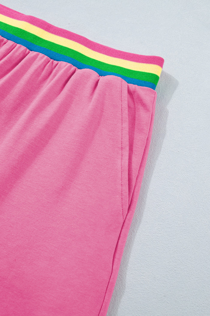 Bright Pink Seam Detail Raw Edge Tee Rainbow Waistband Casual Short Set 🇺🇸