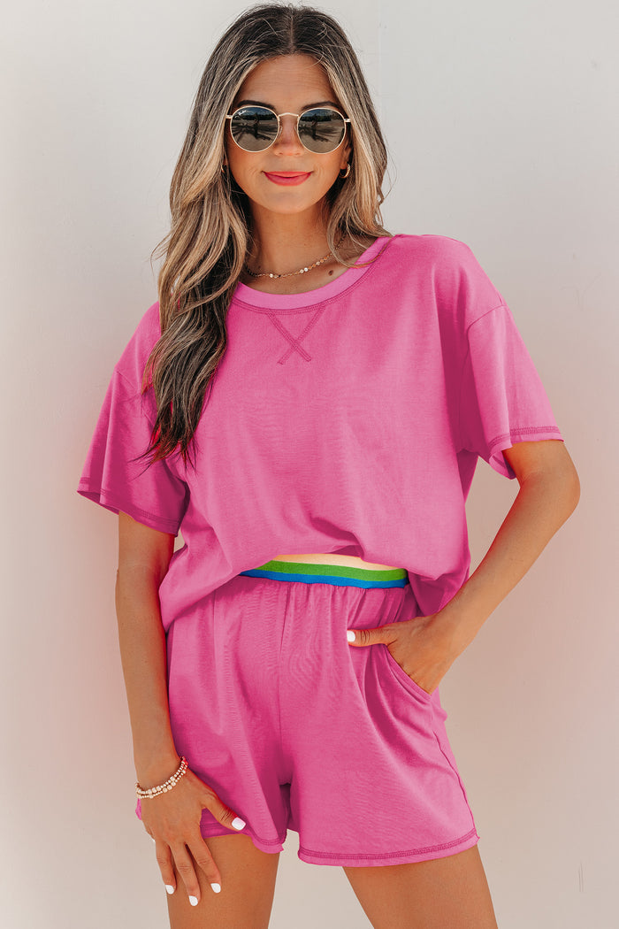 Bright Pink Seam Detail Raw Edge Tee Rainbow Waistband Casual Short Set 🇺🇸
