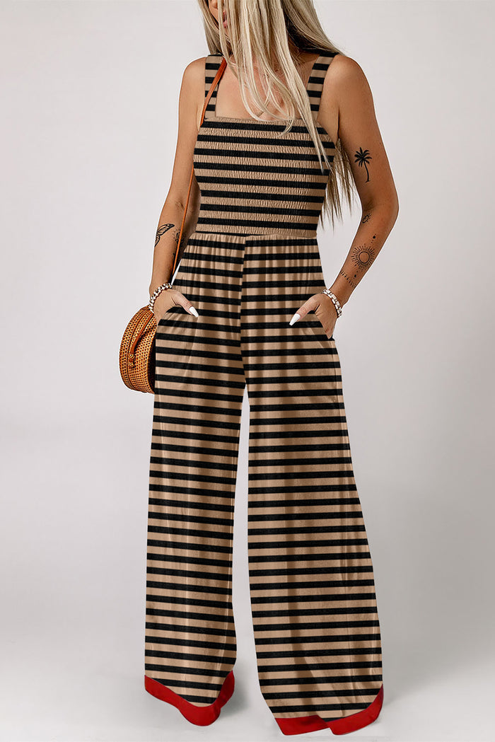 Brown Stripe Square Neck Shirred Wide Leg Jumpsuit 🇺🇸