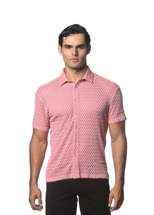 Bubble Gum Wave Mesh Gossamer Stretch Knit Short Sleeve Shirt St-24042