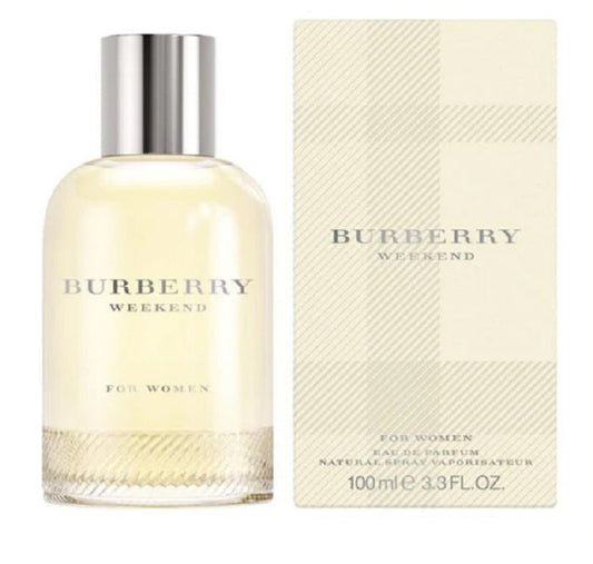 Burberry Weekend women’s 100ml perfume spray featuring elegant glass bottle and classic Burberry branding.