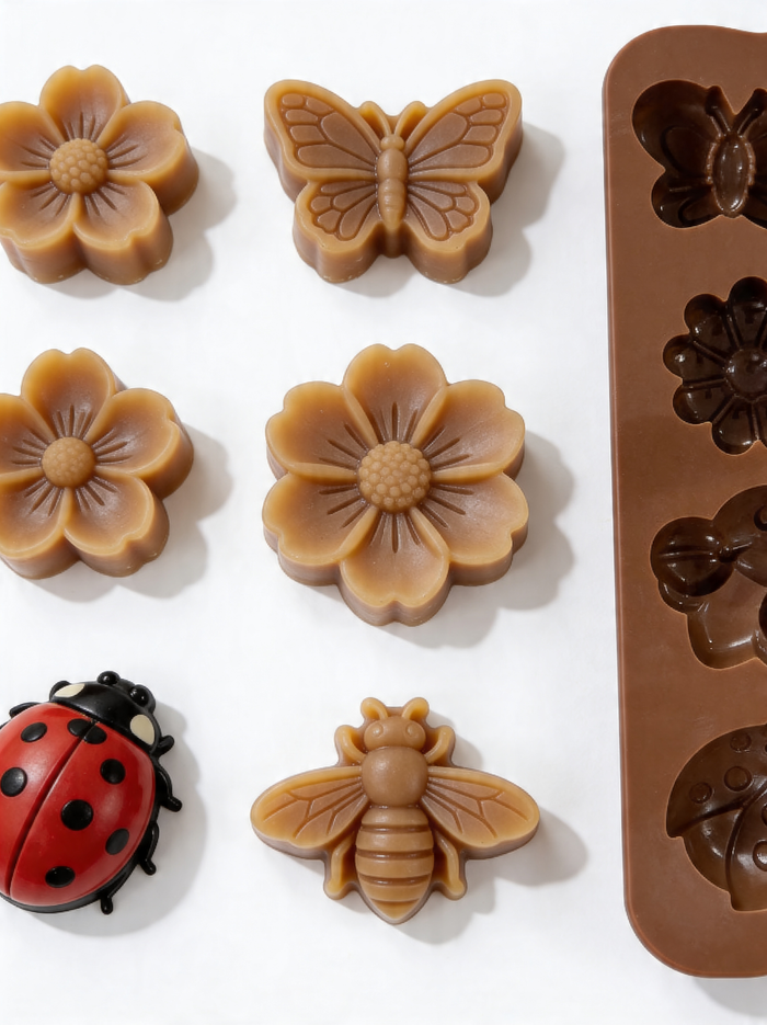 Silicone mold with floral, butterfly, ladybug, and bee shapes on a white background