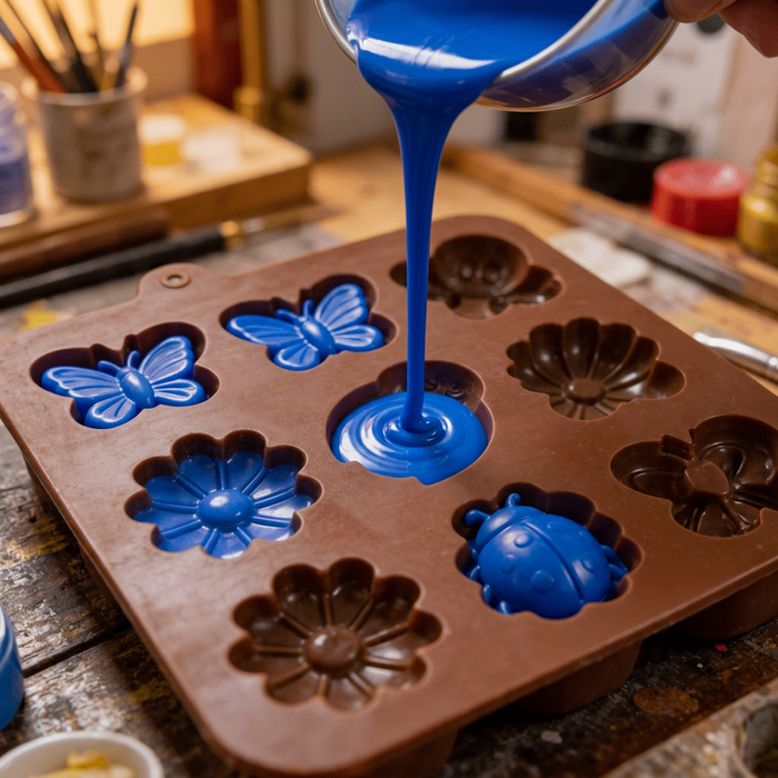 Blue liquid being poured into a silicone mold with butterfly and flower shapes on a wooden surface.