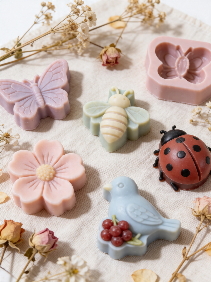 Various butterfly, flower,  and ladybug-shaped soaps made with a silicone mold from NorthWood Candle & Craft Supply