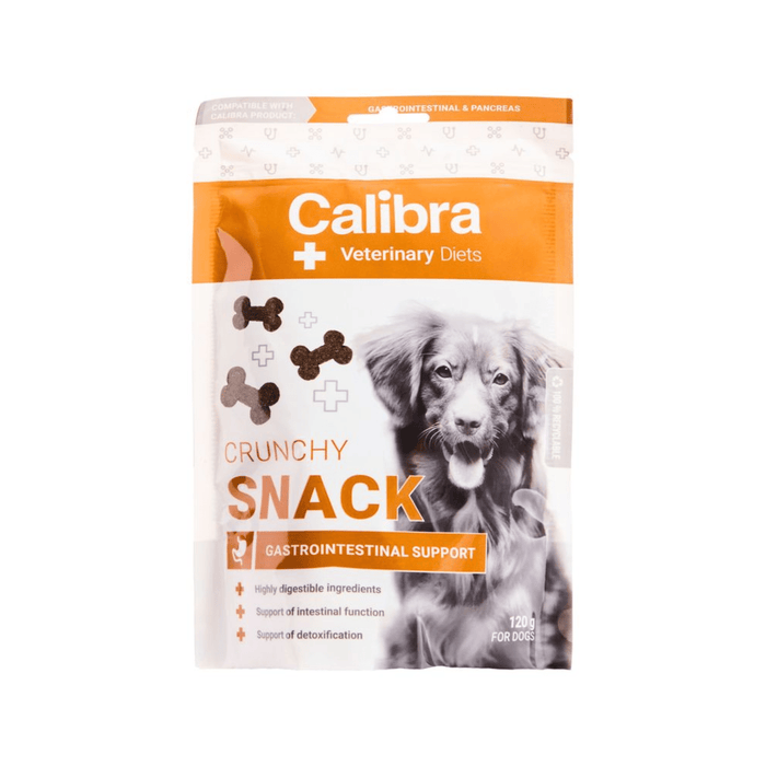 Calibra Veterinary Diets Crunchy Snack dog treats packaging, featuring an orange and white design with a dog's face on the front and bone graphics.