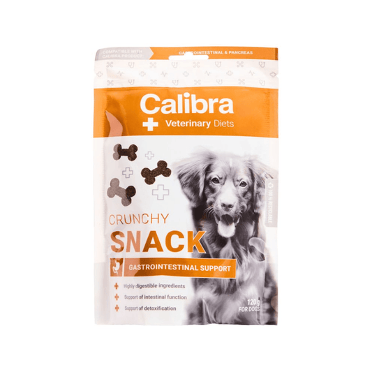 Calibra Veterinary Diets Crunchy Snack dog treats packaging, featuring an orange and white design with a dog's face on the front and bone graphics.