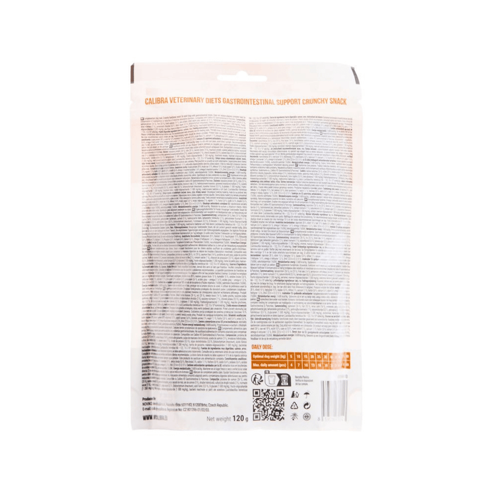 The back of a Calibra Veterinary Dte Gastrointestinal Support Crunchy Snack bag, showing dense text, a QR code, and a barcode on a white background.