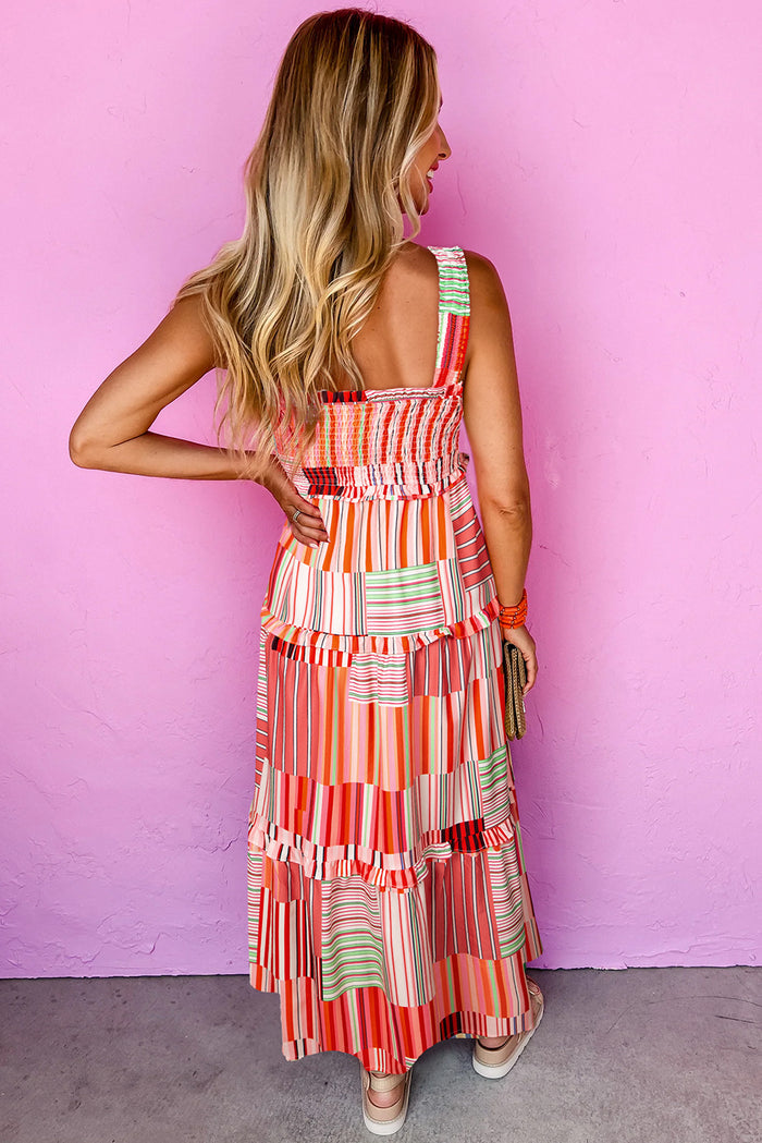 Carrot Mix Striped Wide Straps Smocked Tiered Maxi Dress 🇺🇸
