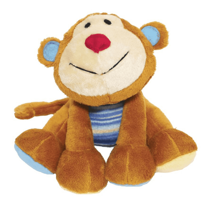 Front facing brown monkey dog toy with cream face, red nose and black stitched eyes and smile details. Stripy blue belly, blue ears, blue and yellow feet pictured on a white background.