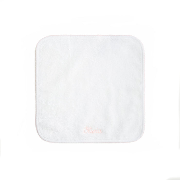 Classic Washcloth with Pink Trim Detail. Washcloth can be personalized with childs name