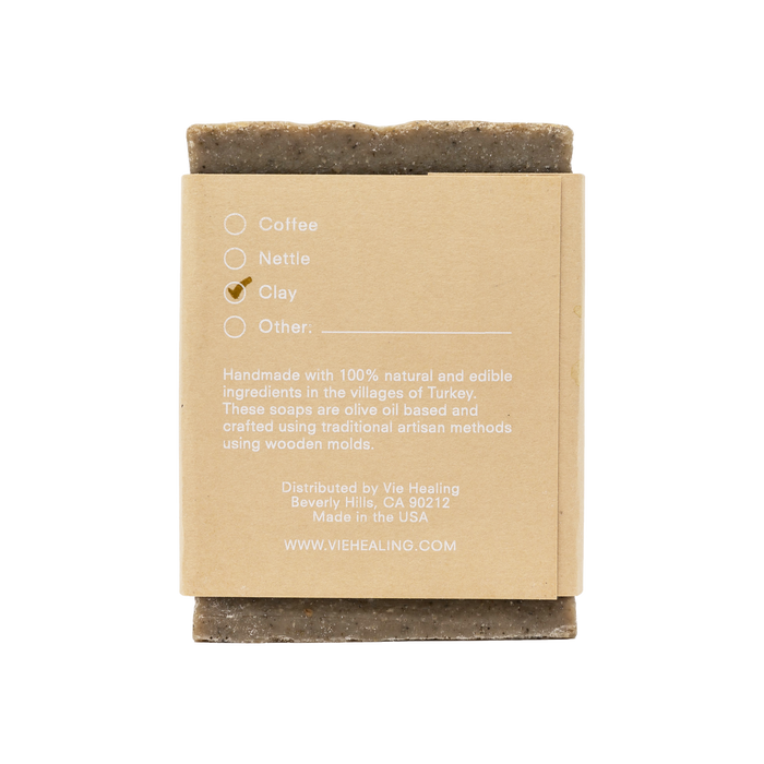 Back view of Clay Sabun Soap | Vie Healing with natural handmade soap in kraft paper packaging, highlighting clay ingredient and artisanal production methods for skincare.