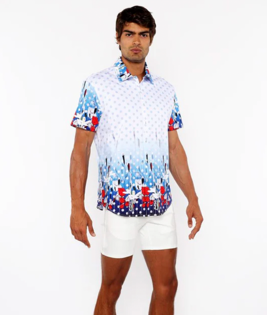Cloud/Navy Dots Border Print Cotton Jersey Knit Short Sleeve Shirt St-9344