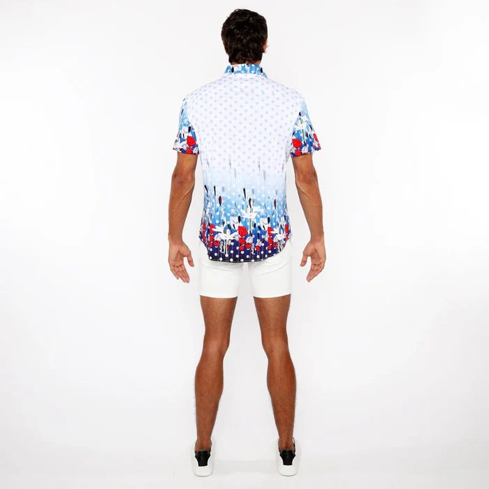 Cloud/Navy Dots Border Print Cotton Jersey Knit Short Sleeve Shirt St-9344